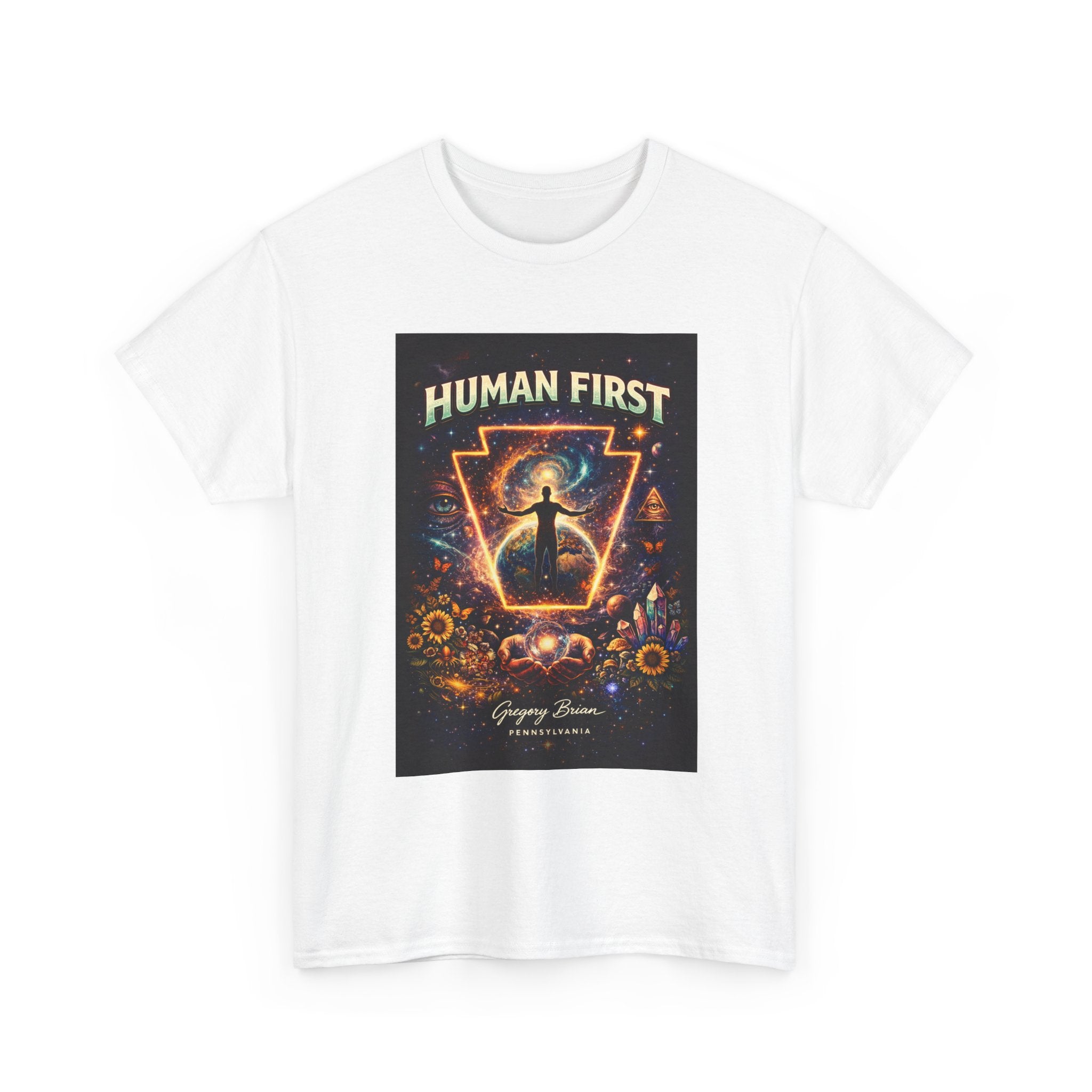 Human First Graphic Tee — Inspirational Cosmic Meditation T-Shirt