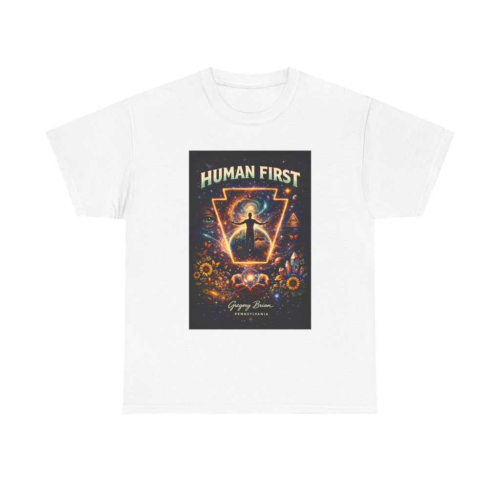Human First Graphic Tee — Inspirational Cosmic Meditation T-Shirt