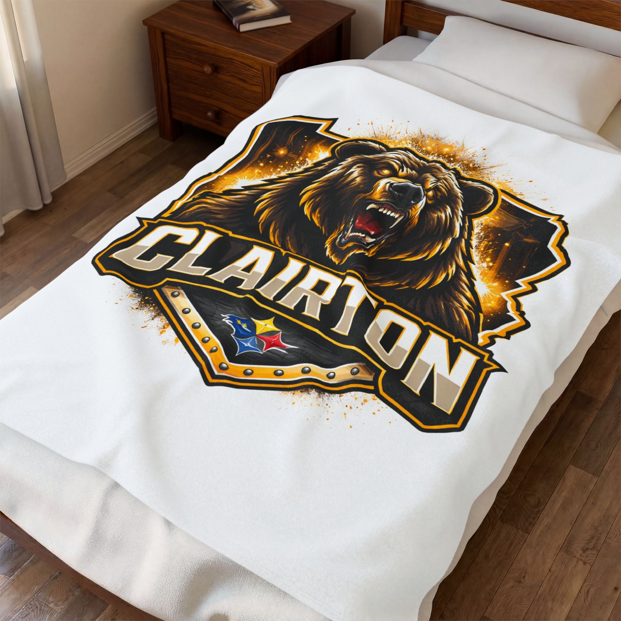 Clairton Roaring Bear Velveteen Blanket — Soft Plush Team Mascot Throw